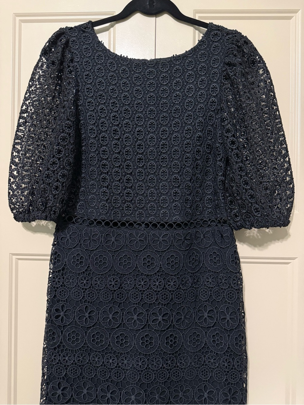 Express Black Eyelet Lace Midi Dress with Puff Sleeves - Picture 3 of 9